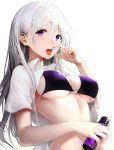  1girl bottle bra breasts dress_shirt hand_up haori_iori highres holding holding_bottle large_breasts long_hair looking_at_viewer nail_polish open_clothes open_mouth open_shirt original purple_bra purple_eyes purple_nails shirt short_sleeves solo stomach tongue tongue_out underwear upper_body white_hair white_shirt wing_collar 