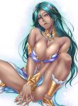  1girl armband bare_shoulders bracelet breast_squeeze breasts cleavage collarbone dark_skin earrings eyebrows_visible_through_hair fingernails gem gold_earrings gold_trim green_hair hair_between_eyes hair_ornament hands_together highres hoop_earrings jewelry king&#039;s_raid knees kobapyon large_breasts laudia_(king&#039;s_raid) lips long_hair navel open_mouth purple_eyes shin_guards sitting solo thighs white_background 
