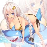  1girl :d ass bent_over bikini blue_eyes blush braid breasts butt_crack cleavage commentary_request hair_ornament hair_ribbon hairpin hetaren_(ramark) highres inflatable_shark inflatable_toy kizuna_akari long_hair looking_at_viewer medium_breasts open_mouth ribbon silver_hair smile solo swimsuit twin_braids twintails very_long_hair voiceroid 