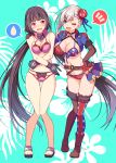  2girls ankle_boots asymmetrical_legwear bikini black_bikini_bottom black_gloves black_hair blue_eyes blush boots breasts elbow_gloves embarrassed fate/grand_order fate_(series) frilled_legwear gloves grey_hair highres large_breasts looking_at_another medium_breasts miyamoto_musashi_(fate/grand_order) miyamoto_musashi_(swimsuit_berserker)_(fate) multiple_girls navel one_eye_closed osakabe-hime_(fate/grand_order) osakabe-hime_(swimsuit_archer)_(fate) pink_hair purple_bikini purple_eyes sakura_tsubame smile swimsuit thigh_boots thighhighs twintails 