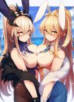  animal_ears artoria_pendragon_(all) artoria_pendragon_(lancer) artoria_pendragon_(lancer_alter) artoria_pendragon_(swimsuit_ruler)_(fate) bangs bare_shoulders blonde_hair blue_legwear blush breast_press breasts bunny_ears bunnysuit cleavage detached_collar fate_(series) fishnets green_eyes hair_between_eyes highres horns large_breasts leotard long_hair looking_at_viewer mou_tama_maru multiple_girls necktie pantyhose ponytail sidelocks smile symmetrical_docking white_leotard wrist_cuffs yellow_eyes 