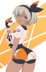  1girl ass black_bodysuit black_hairband blue_eyes bodysuit bodysuit_under_clothes clothes_writing crop_top crop_top_overhang dark_skin dimedrolly from_behind gloves grey_hair gym_leader hair_between_eyes hairband holding holding_poke_ball looking_at_viewer looking_back orange_gloves parted_lips poke_ball pokemon pokemon_(game) pokemon_swsh saitou_(pokemon) shirt short_shorts short_sleeves shorts single_glove solo two-tone_gloves ultra_ball white_shirt 