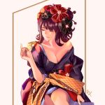  1girl absurdres angruoxin bangs breasts cleavage closed_eyes closed_mouth collarbone eyebrows_visible_through_hair fate/grand_order fate_(series) hair_ornament hairpin highres japanese_clothes katsushika_hokusai_(fate/grand_order) kimono long_hair medium_breasts off_shoulder purple_hair purple_kimono shiny shiny_hair sitting solo white_background 