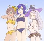  3girls ahoge alternate_costume armpits bangs bare_shoulders bikini black-framed_eyewear black_bikini black_bikini_bottom black_bikini_top blue_bikini blue_bikini_bottom blue_bow blue_eyes blue_hair blue_swimsuit blunt_bangs blush bow brown_hair butt_crack c0rn3r collarbone flat_chest flower frilled_bikini frilled_bikini_bottom frilled_bikini_top frills glasses hair_bow hair_flower hair_ornament hairclip hand_behind_head hat hololive letter_hair_ornament long_hair medium_hair multiple_girls murasaki_shion natsuiro_matsuri navel one-piece_tan one_eye_closed orange_bikini orange_bikini_bottom orange_bikini_top orange_eyes shoulder_blades simple_background sunflower sunflower_hair_ornament swimsuit tan tanline teeth thighs tokino_sora_channel virtual_youtuber w white_hair witch_hat yuujin_a_(tokino_sora_channel) 