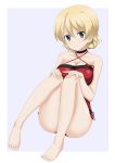  1girl absurdres blonde_hair blue_background blue_eyes blush braid breasts casual_one-piece_swimsuit choker cleavage closed_mouth collarbone criss-cross_halter darjeeling eyebrows_visible_through_hair flatfield girls_und_panzer halterneck hands_on_own_knees highres large_breasts legs looking_at_viewer one-piece_swimsuit red_swimsuit shiny shiny_hair shiny_skin simple_background sitting smile solo swimsuit swimwear thighs two-tone_background white_background 