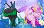  2019 absurd_res anthro areola arthropod belly big_breasts blues64 breasts changeling clothing dialogue duo english_text equid female friendship_is_magic hi_res horn huge_breasts hyper hyper_breasts lesang mammal my_little_pony nipple_outline nipples obese overweight princess_cadance_(mlp) queen_chrysalis_(mlp) signature text winged_unicorn wings 