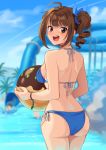  1girl ahoge ass ball beachball bikini blue_bikini blue_sky brown_hair cloud cowboy_shot day drill_hair from_behind halterneck holding holding_ball idolmaster idolmaster_million_live! kamille_(vcx68) looking_at_viewer looking_back open_mouth outdoors purple_eyes round_teeth side-tie_bikini side_drill side_ponytail sky smile solo standing swimsuit teeth upper_teeth water_slide yokoyama_nao 