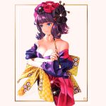  1girl angruoxin bangs blue_eyes breasts checkered cleavage closed_mouth collarbone cropped_torso crossed_arms fate/grand_order fate_(series) hair_ornament hairpin highres holding_brush japanese_clothes katsushika_hokusai_(fate/grand_order) kimono medium_breasts medium_hair off_shoulder purple_hair purple_kimono shiny shiny_hair simple_background solo white_background 