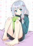  1girl absurdres aqua_eyes bangs barefoot bed_sheet blush bow doll_hug eromanga_sensei feet full_body gradient_hair green_jacket hair_bow highres izumi_sagiri jacket long_hair looking_at_viewer multicolored_hair on_bed pink_bow pout shiny shiny_skin silver_hair sitting sitting_on_bed solo tearing_up urim_(paintur) 