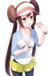  1girl blue_eyes blush breasts brown_hair character_request cleavage cowboy_shot double_bun fanning_face green_skirt highres hot long_hair medium_breasts meth_(emethmeth) pokemon skirt solo sweat twintails 