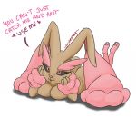  &lt;3 2019 3_fingers 3_toes anthro big_ears black_sclera breast_squish breasts brown_fur butt cleavage clothed clothing english_text eyebrows eyelashes feet female fingers fur half-closed_eyes hand_on_cheek lagomorph looking_at_viewer lopunny lying mammal nintendo nude on_front open_mouth pink_eyes pink_fur pink_nose pok&eacute;mon pok&eacute;mon_(species) shiny_pok&eacute;mon silvertongue_(artist) simple_background solo squish suggestive text toes video_games white_background 