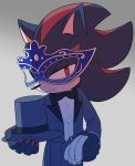  anthro black_fur bow_tie claws clothing eulipotyphlan fur grey_background grey_clothing hat headgear headwear hedgehog holding_object looking_at_viewer male mammal mask masquerade_mask portrait red_eyes red_fur shadow_the_hedgehog sikai simple_background smile solo sonic_(series) suit three-quarter_portrait top_hat 