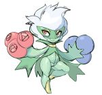  2016 cape clothing female flora_fauna flower hair looking_aside maniacpaint nintendo plant pok&eacute;mon pok&eacute;mon_(species) raised_leg red_eyes rose_(flower) roserade simple_background smile solo standing thick_thighs video_games white_background white_hair 