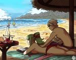  2boys 2girls alcohol back beach_umbrella bikini blue_sky bottle breasts cocktail_glass cup drinking_glass family fire_emblem fire_emblem_awakening green_hair highres husband_and_wife innertube lotion male_swimwear morgan_(fire_emblem) morgan_(fire_emblem)_(female) morgan_(fire_emblem)_(male) multiple_boys multiple_girls ocean pointy_ears ponytail reading red_bikini robin_(fire_emblem) robin_(fire_emblem)_(male) rubbing sand scruffyturtles seashell shade shell short_hair siblings sideboob silver_hair sky smile sunscreen swim_trunks swimsuit swimwear tiki_(fire_emblem) umbrella untied untied_bikini waves 