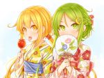  2girls alternate_costume alternate_hairstyle bangs blonde_hair blush braid candy_apple crescent crescent_hair_ornament eyebrows_visible_through_hair fan fingernails floral_print flower food green_eyes green_hair hair_ornament highres holding japanese_clothes kantai_collection kimono long_hair long_sleeves low_twintails multiple_girls nagatsuki_(kantai_collection) open_mouth sash satsuki_(kantai_collection) sidelocks simple_background suzushiro_(gripen39) tongue tongue_out twintails yellow_eyes yukata 