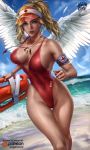  1girl absurdres angel_wings armband artist_name bangle baywatch beach blonde_hair blue_eyes blue_sky bracelet breasts cleavage collarbone commentary covered_nipples cowboy_shot day dripping dutch_angle earrings feathered_wings feathers glint high_ponytail highleg highleg_swimsuit highres hoop_earrings jewelry large_breasts lifeguard lips logan_cure looking_at_viewer mercy_(overwatch) messy_hair necklace nose ocean one-piece_swimsuit outdoors overwatch parted_lips patreon_logo pendant pink_lips realistic red_lips red_swimsuit running sand see-through shiny shiny_skin shore sideboob sky solo spread_wings surfboard swimsuit swiss_flag thigh_gap visor_cap watermark wavy_hair wet whistle whistle_around_neck white_feathers white_wings wings 