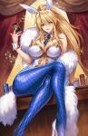  1girl animal_ears artoria_pendragon_(all) artoria_pendragon_(swimsuit_ruler)_(fate) bangs blonde_hair breasts bunny_ears bunnysuit card cleavage commentary_request crossed_legs curtains detached_collar eyebrows_visible_through_hair fake_animal_ears fate/grand_order fate_(series) feather_boa fingernails fishnet_pantyhose fishnets green_eyes high_heels highres holding indoors large_breasts leotard long_hair looking_at_viewer necktie open_mouth pantyhose pengnangehao ponytail shiny shiny_clothes shiny_hair shiny_skin solo strapless strapless_leotard tied_hair white_footwear wrist_cuffs 