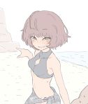  1boy 1girl akita_(20033203) akiyama_yukari bare_arms bare_shoulders beach bikini blush brown_eyes brown_hair girls_und_panzer grey_bikini halterneck midriff pointing sarong sweat swimsuit tsurime 