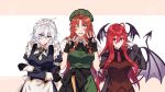  3girls ahoge black_gloves black_neckwear black_shirt blue_eyes blush bow bowtie braid commentary_request crossed_arms demon_tail demon_wings double_v fingerless_gloves gloves green_headwear green_neckwear hair_bow head_wings highres himajinsan0401 hong_meiling izayoi_sakuya juliet_sleeves koakuma long_sleeves looking_at_viewer maid_headdress multiple_girls necktie one_eye_closed open_mouth patchouli_knowledge puffy_short_sleeves puffy_sleeves red_eyes red_hair red_neckwear remilia_scarlet shirt short_sleeves silver_hair star tail touhou twin_braids twitter_username v vest white_gloves wings 