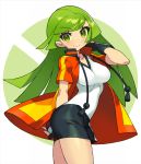  1girl ace_trainer_(pokemon) bangs black_gloves black_skirt blush breasts eyebrows_visible_through_hair fingerless_gloves gloves green_eyes highres holding holding_poke_ball itsumo_nokoru jacket long_hair poke_ball pokemon pokemon_(game) pokemon_masters pokemon_oras shirt short_sleeves skirt smile solo white_shirt 