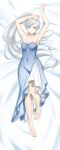  1girl absurdres alfred_cullado armpits arms_up bangs banned_artist barefoot bed_sheet blue_dress blue_eyes breasts cleavage collarbone covered_navel dakimakura dress feet full_body high_ponytail highres huge_filesize incredibly_absurdres layered_dress long_dress long_hair looking_at_viewer lying on_back on_bed paid_reward patreon_reward rwby scar scar_across_eye shiny shiny_hair shiny_skin side_ponytail silver_hair sleeveless sleeveless_dress small_breasts smile solo strapless strapless_dress swept_bangs very_long_hair weiss_schnee 