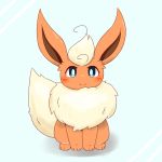  3_toes ambiguous_gender blue_eyes blush eeveelution flareon fur long_ears looking_at_viewer mammal nintendo orange_fur pok&eacute;mon pok&eacute;mon_(species) simple_background sitting smile solo toes tsurikichiyuyu video_games 