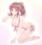  1girl all_fours bangs barefoot bikini black_hair bluez blunt_bangs breasts chitanda_eru cleavage collarbone commentary_request disconnected_mouth full_body hair_ornament hair_scrunchie hyouka long_hair looking_at_viewer medium_breasts multicolored multicolored_bikini multicolored_clothes navel pink_scrunchie ponytail purple_eyes purple_scrunchie scrunchie side-tie_bikini smile solo swimsuit wrist_scrunchie 