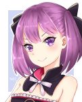  1girl absurdres bangs black_bow bow choker closed_mouth fate/grand_order fate_(series) frills hair_bow helena_blavatsky_(fate/grand_order) highres nassss neck_ribbon purple_eyes purple_hair ribbon shiny shiny_hair short_hair sleeves smile solo strapless upper_body white_ribbon 