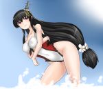  1girl 30-06 bent_over black_hair blue_sky breasts casual_one-piece_swimsuit collarbone covered_navel day fusou_(kantai_collection) highleg highleg_swimsuit highres kantai_collection leaning_forward long_hair medium_breasts narrow_waist one-piece_swimsuit outdoors red_eyes sky solo sun swimsuit two-tone_swimsuit 
