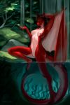  2019 anthro areola black_hair breasts claws day detailed_background digital_media_(artwork) dragon eyelashes female grass hair hi_res horn ingvas long_tail looking_at_viewer membrane_(anatomy) membranous_wings nipples nude outside plant pussy scalie small_breasts solo standing url water waterfall western_dragon wet wings 