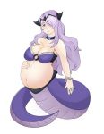  1girl alternate_costume artist_request bangs belly big_belly blush bra breasts camilla_(fire_emblem) cleavage fire_emblem fire_emblem_fates hand_on_own_stomach horns huge_breasts lamia large_breasts long_hair looking_at_viewer monster monster_girl navel pregnant purple_eyes purple_hair simple_background smile snake_tail solo tail underwear 