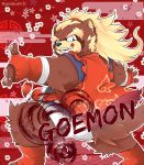  2019 anthro black_nose bottomwear canid canine clothed clothing garakushi goemon_(tas) humanoid_hands male mammal raccoon_dog shorts slightly_chubby solo tanuki teeth text tokyo_afterschool_summoners video_games 