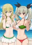  2girls anchovy bangs beach bikini bikini_skirt black_ribbon blonde_hair blue_sky bow_bikini breasts carpaccio cleavage closed_mouth cloud cloudy_sky collarbone cowboy_shot day double_v drill_hair eyebrows_visible_through_hair flag_print girls_und_panzer green_eyes green_hair groin hair_ribbon inoshira italian_flag italian_flag_bikini long_hair looking_at_viewer medium_breasts medium_dress multiple_girls navel ocean open_mouth outdoors print_bikini red_eyes ribbon side-by-side sky smile standing swimsuit twin_drills twintails twitter_username v white_bikini 