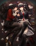  2girls black_hair black_legwear card celestia_ludenberck choseon crossover danganronpa danganronpa_1 dress drill_hair frilled_dress frilled_legwear frilled_sleeves frills gothic_lolita highres jabami_yumeko jacket kakegurui lolita_fashion long_hair lying maid_headdress multiple_girls no_shoes on_back pantyhose playing_card pleated_skirt poker_chip red_eyes school_uniform skirt trait_connection twin_drills very_long_hair 