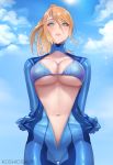  1girl artist_name blonde_hair blue_bikini_top blue_bodysuit blue_eyes blush bodysuit breasts center_opening covered_nipples cowboy_shot day hair_between_eyes koshio large_breasts long_hair looking_at_viewer metroid mole mole_under_mouth navel open_bodysuit parted_lips ponytail samus_aran sky solo sun turtleneck underboob zero_suit 