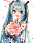  1girl :d bangs bare_shoulders black_skirt black_sleeves blue_eyes blush bouquet collared_shirt commentary_request confetti detached_sleeves eyebrows_visible_through_hair flower green_hair hair_ornament hatsune_miku highres long_hair long_sleeves looking_at_viewer mamel_27 object_hug open_mouth pink_flower pink_rose pleated_skirt rose see-through shirt skirt sleeveless sleeveless_shirt sleeves_past_wrists smile solo twintails upper_body very_long_hair vocaloid white_flower white_rose white_shirt wide_sleeves 