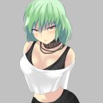  1girl arms_behind_back black_bra bra breasts chain choker cleavage closed_mouth collarbone green_hair grey_background highres hikage_(senran_kagura) jewelry leaning_forward long_sleeves looking_at_viewer medium_breasts medium_hair midriff navel necklace senran_kagura shiny shiny_hair shirt simple_background slit_pupils solo sports_bra stomach underwear upper_body user_wpet4348 white_shirt yellow_eyes 