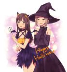  2girls black_dress black_gloves brown_hair commentary_request demon_costume demon_horns demon_wings dress elbow_gloves fujisawa_rio gloves halloween halloween_costume happy_halloween hat horns light_brown_hair long_dress long_hair miniskirt multiple_girls open_mouth polearm puffy_short_sleeves puffy_sleeves short_dress short_hair short_sleeves skirt sleeveless tied_hair trident watanuki_chihiro weapon wings witch_costume witch_hat yasumi_(user_spny5748) yugami-kun_ni_wa_tomodachi_ga_inai 