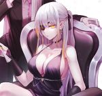  2girls beak_(girls_frontline) black_dress breasts cleavage commentary cup dress drinking_glass eyepatch formal girls_frontline large_breasts m16a1_(girls_frontline)_(boss) multiple_girls nlitz out_of_frame sangvis_ferri scar scar_across_eye suit white_hair wine_glass yellow_eyes 