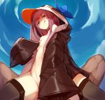  1girl :q animal_hood bangs blue_eyes blue_sky breasts choker cloud fate/grand_order fate_(series) groin highres hood jacket long_hair looking_at_viewer meltryllis meltryllis_(swimsuit_lancer)_(fate) naked_coat open_clothes open_jacket penguin_hood pov purple_hair sitting sitting_on_person sky sleeves_past_wrists small_breasts smile spread_legs sue_(bg-bros) thighhighs tongue tongue_out very_long_hair 