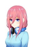  1girl blue_cardigan blue_eyes closed_mouth eyebrows_visible_through_hair go-toubun_no_hanayome hair_between_eyes headphones headphones_around_neck light_smile long_hair looking_at_viewer nakano_miku pink_hair qingwa_fu_luo shiny shiny_hair simple_background solo upper_body white_background 