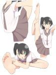  1girl armpits black_hair commentary feet flexible green_eyes looking_at_viewer original salpin school_uniform serafuku side_ponytail soles standing standing_on_one_leg stretch toes white_background 