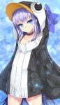  1girl animal_hood bangs black_choker black_jacket blue_bow blue_eyes blurry blurry_background bow choker closed_mouth collarbone commentary_request depth_of_field eyebrows_visible_through_hair fate/grand_order fate_(series) head_tilt highres hood hood_up hooded_jacket jacket long_hair long_sleeves looking_at_viewer meltryllis meltryllis_(swimsuit_lancer)_(fate) penguin_hood puffy_long_sleeves puffy_sleeves purple_hair sleeves_past_fingers sleeves_past_wrists solo uumaru v-shaped_eyebrows 