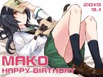  1girl animal book cat dated girls_und_panzer green_skirt happy_birthday headband long_sleeves looking_at_viewer ooarai_school_uniform pleated_skirt reizei_mako school_uniform skirt socks thighs yuuyu_(777) 