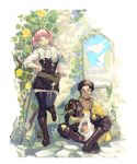  1boy 1girl absurdres against_wall axe belt boots brown_hair cat cat_on_lap claude_von_riegan crossed_ankles dark_skin dark_skinned_male fire_emblem fire_emblem:_three_houses green_eyes hand_on_hip highres hilda_valentine_goneril ivy olopheris pink_eyes pink_hair sitting thighhighs twintails 