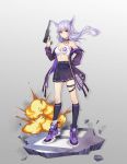  1girl absurdres animal_ears armpits bare_shoulders black_legwear black_skirt breasts cat_ears choker cleavage commentary_request crop_top explosion extra_ears floating_hair gun hand_in_pocket handgun high-waist_skirt highres holding holding_gun holding_weapon jacket jewelry kneehighs lavender_hair leg_belt long_hair long_sleeves looking_at_viewer maoshinian1 medium_breasts midriff miniskirt necklace off_shoulder open_clothes open_jacket original parted_lips pistol pleated_skirt purple_eyes purple_footwear purple_jacket shirt shoes sidelocks skirt sleeveless sleeveless_shirt sneakers solo stomach tank_top thighs weapon white_shirt 