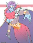  1girl absurdres armor blue_skin breasts brown_eyes cape character_name circlet cleavage commission dark_elf elf fingerless_gloves gloves highres looking_at_viewer mishaela pointy_ears purple_hair red_cape rejean_dubois shining_(series) shining_force_i simple_background twitter_username 