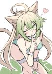  1girl ahoge animal_ears atalanta_(fate) bikini cat_ears cat_tail commentary_request eyebrows_visible_through_hair fate_(series) green_bikini green_eyes green_hair hair_between_eyes heart long_hair looking_at_viewer nahu one_eye_closed simple_background sketch solo swimsuit tail 