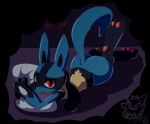  3_fingers 3_toes ambiguous_gender blue_fur canid fingers fur looking_at_viewer lucario lying mammal nintendo nyaswitchnya pawpads pillow pillow_hug pok&eacute;mon pok&eacute;mon_(species) red_eyes spikes toes video_games yellow_fur 