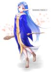  1girl blue_hair blue_robe brown_footwear copyright_name full_body holding holding_staff long_hair looking_at_viewer pointy_ears red_eyes robe sarah_(shining_force) shining_(series) shining_force_ii solo staff standing umehime very_long_hair white_background wide_sleeves 